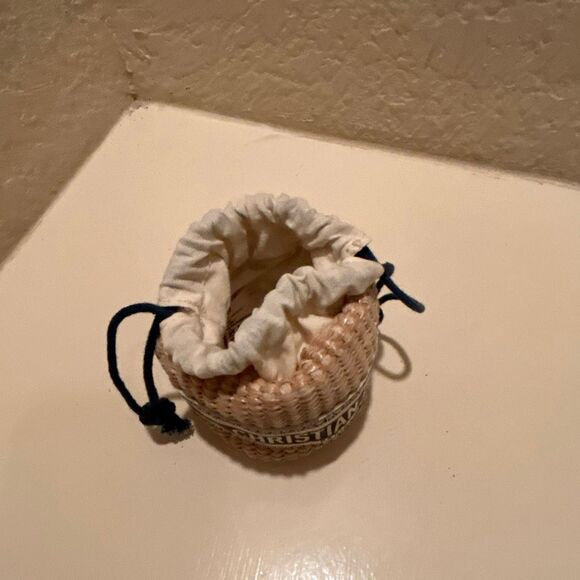Christian Dior Beauty Mini Raffia Drawstring Top Bag Blue White Logo Coastal - Picture 3 of 10